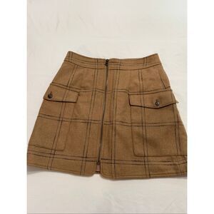 Madewell Zip-Front Wool Blend Mini Skirt Windowpane print Tan Size 4 Pockets